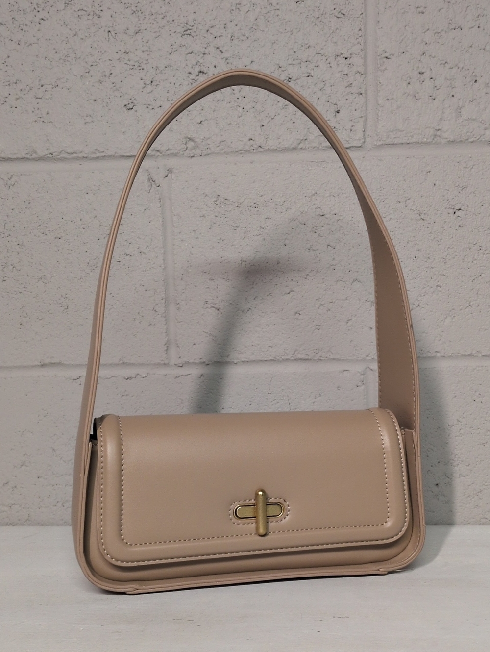 Beige Leather Shoulder Bag with Turn-Lock Closure